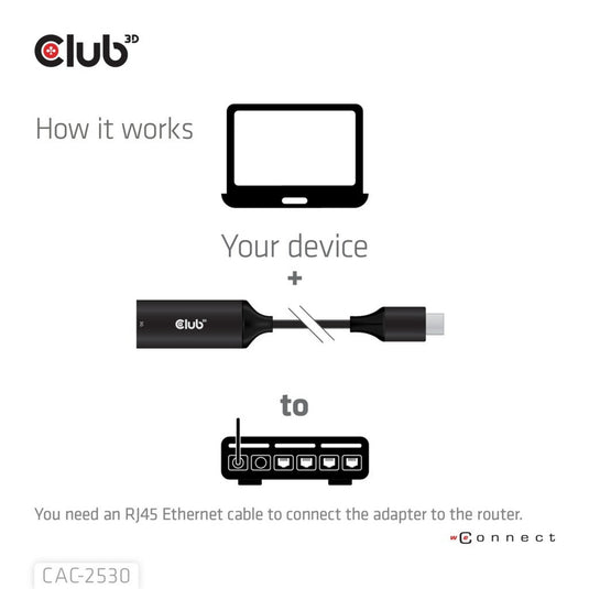 Club 3d usb-c naar rj45 5gbps ethernet m f adapter (zwart)