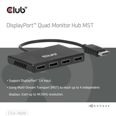 Club 3d displayport quad monitor hub mst 4x 4k30hz displayport splitter (zwart)