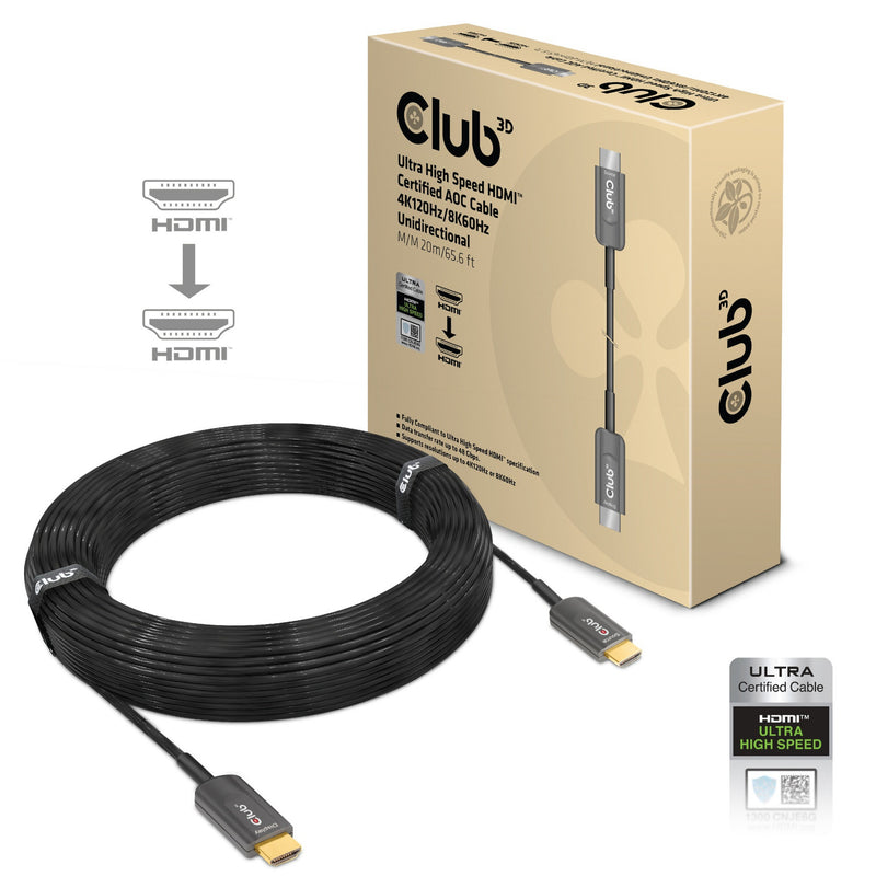 Afbeelding laden in galerijviewer, Club 3d gecertificeerde actieve optische ultra high speed hdmi 2.1 kabel (zwart, 20 meter, 8k)
