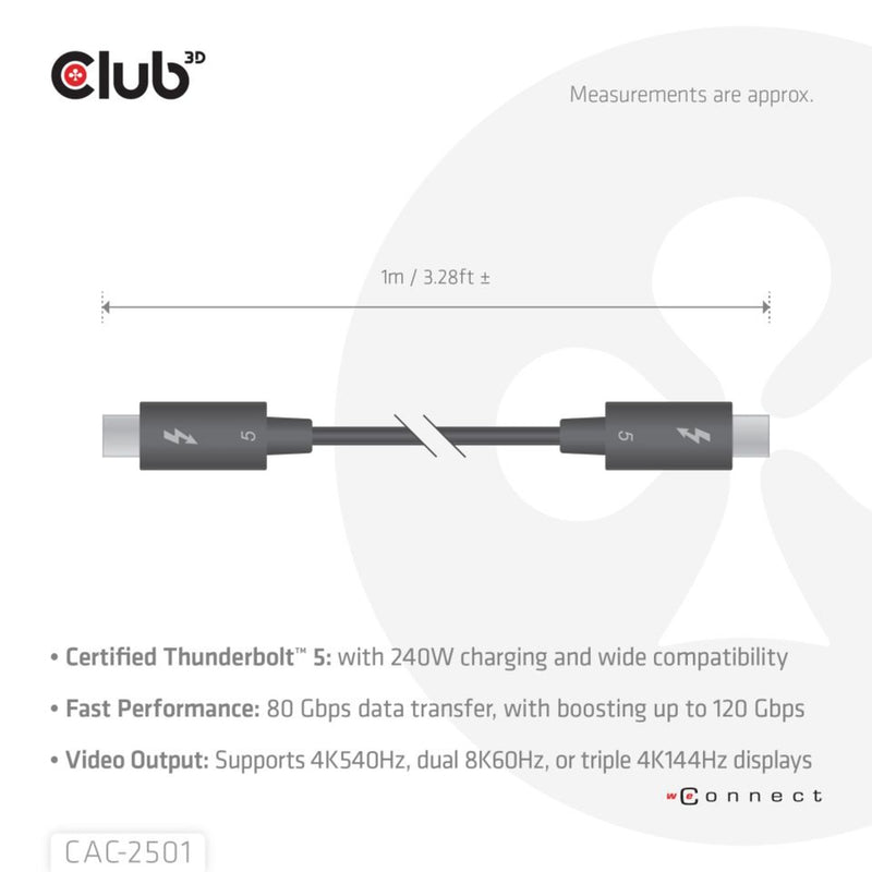 Afbeelding laden in galerijviewer, Club 3d thunderbolt 5 gecertificeerde 8k240hz kabel (zwart, data 80 120 gbps, epr 240 watt,1 meter)
