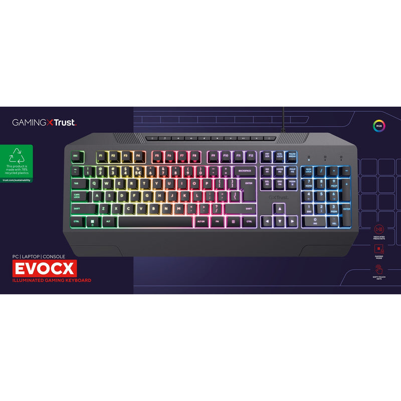 Load image into Gallery viewer, Trust gxt 836 evocx rgb gaming toetsenbord (zwart, us lay-out (qwerty), membraan, 100%, rgb)
