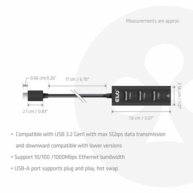Afbeelding laden in galerijviewer, Club 3d usb-c 5 gbps naar 3 poorten usb type-a-hub met gigabit ethernet adapter (zwart)

