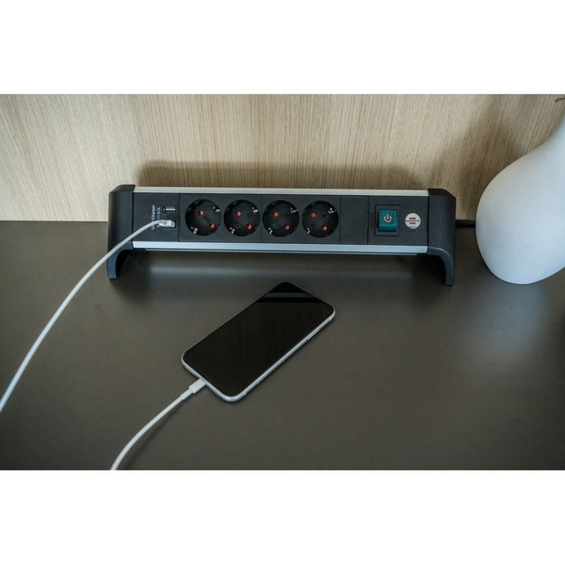 Load image into Gallery viewer, Brennenstuhl alu-office-line stekkerdoos met usb-laadfunctie 4-voudig schakel stekkerdoos
