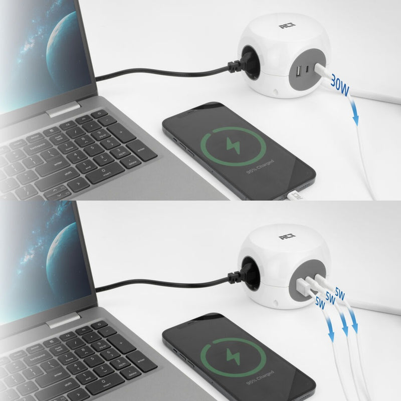 Load image into Gallery viewer, Act connectivity stekkerdoos kubus met 3 stopcontacten, 30w power delivery usb-c a poorten, kabellengte 1,5m stekkerdoos (wit, type e)
