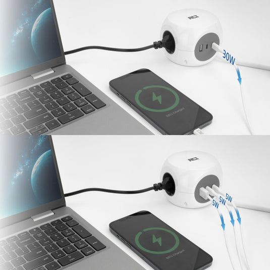 Act connectivity stekkerdoos kubus met 3 stopcontacten, 30w power delivery usb-c a poorten, kabellengte 1,5m stekkerdoos (wit, type e)