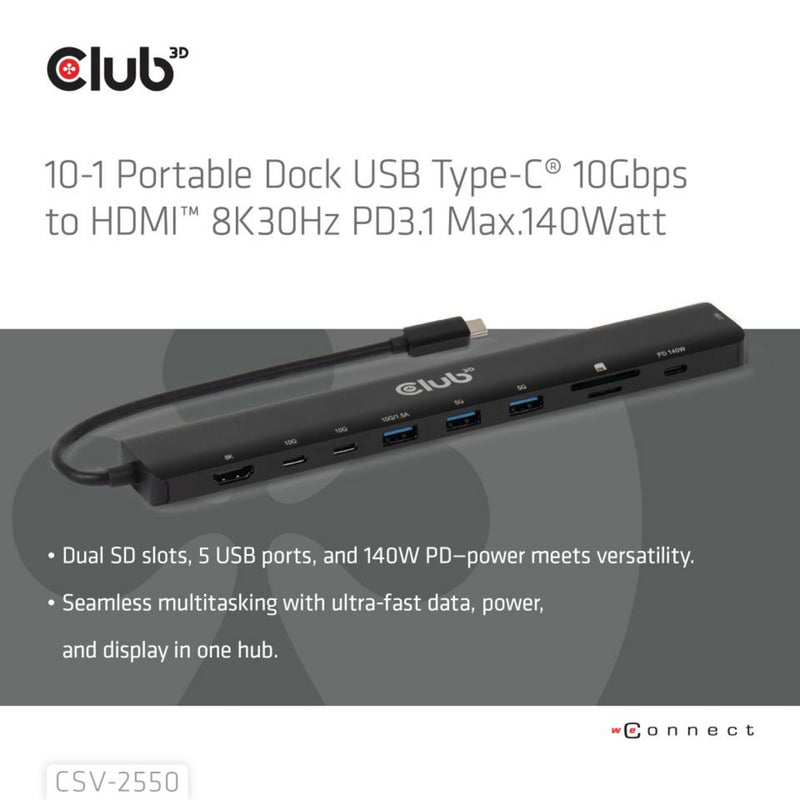 Chargez l'image dans la visionneuse de la galerie, Club 3d 10-1 portable dock usb type-c 10gbps to hdmi 8k30hz pd3.1 max.140 watt dockingstation (zwart, hdmi, usb-c, lan)
