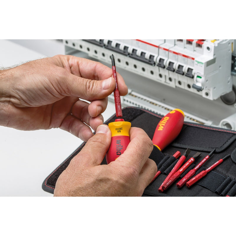 Load image into Gallery viewer, Wiha schroevendraaier met bithouderset electric slimvario (rood geel, stubby 4-delig met slimbits)
