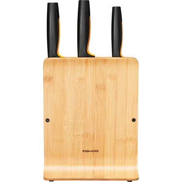 Fiskars functional form bamboe messenblok met 3 messen (meerkleurig, japans roestvrij staal | handvat met softgrip)