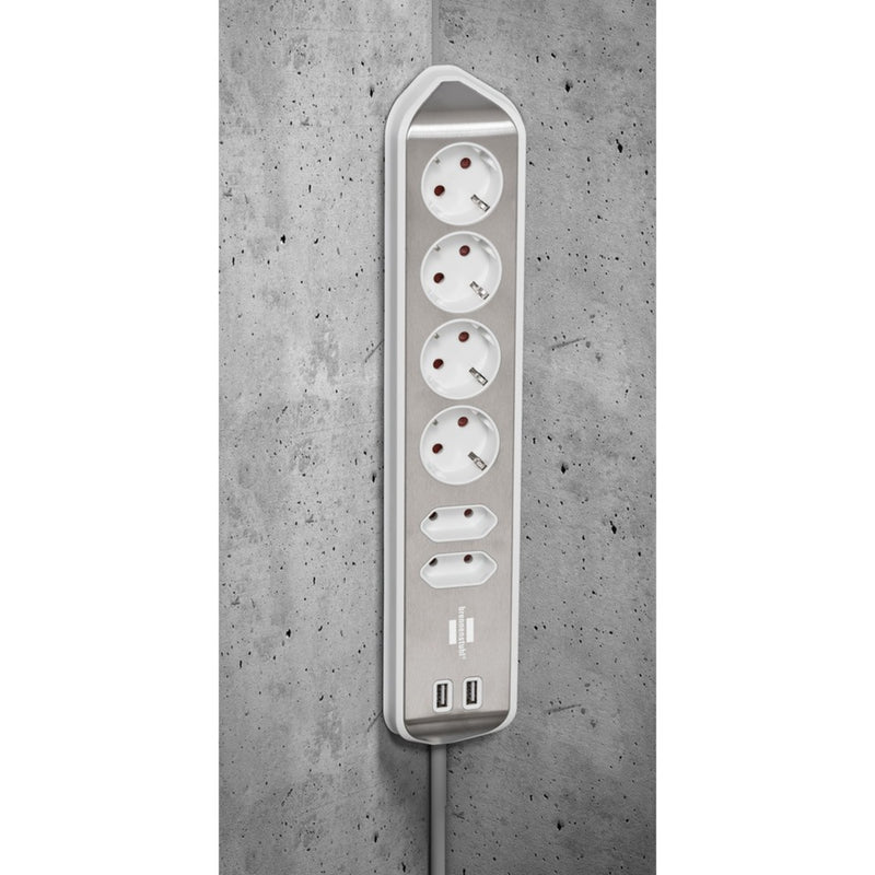 Load image into Gallery viewer, Brennenstuhl estilo hoekstopcontact 4-voudig met usb-oplaadfunctie stekkerdoos (wit roestvrij staal)
