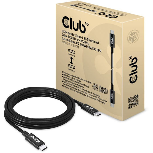 Club 3d usb4 gen3x2 type-c bi-directional kabel, 3 meter (zwart, 8k60hz of 4k120hz, data 40gbps, pd 240w(48v 5a) epr)