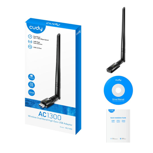 Cudy ac1300 wi-fi high-gain usb wlan adapter (zwart)
