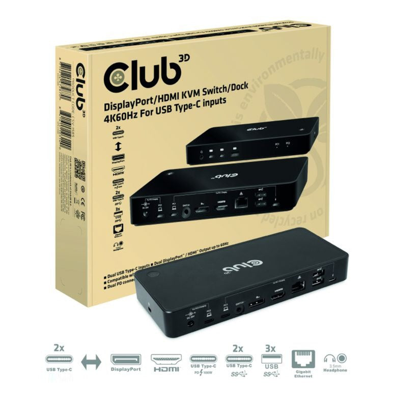 Load image into Gallery viewer, Club 3d displayport hdmi dock 4k60hz dockingstation (zwart, met kvm-functionaliteit)
