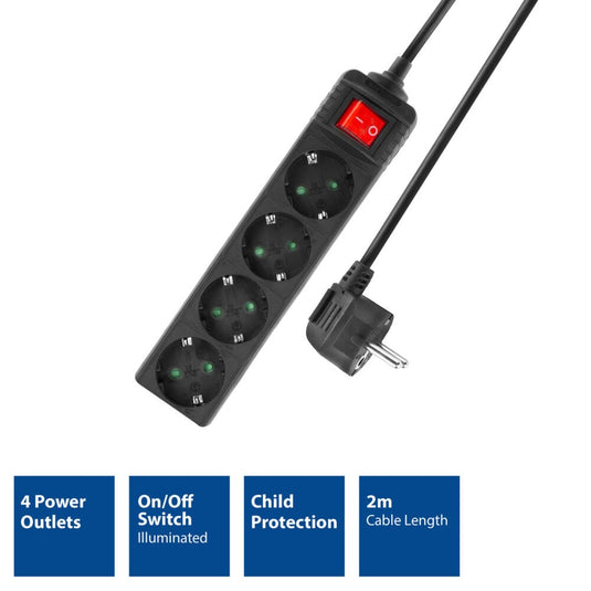 Act connectivity stekkerdoos met lichtgevende schakelaar, 4 sockets, 2 m, zwart stekkerdoos (zwart)