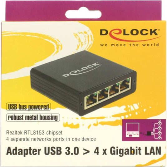Delock usb 3.0 > 4x gigabit lan adapter (zwart, 80 centimeter)