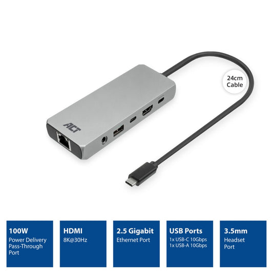 Act connectivity usb-c 4k 8k 60hz dockingstation (grijs)