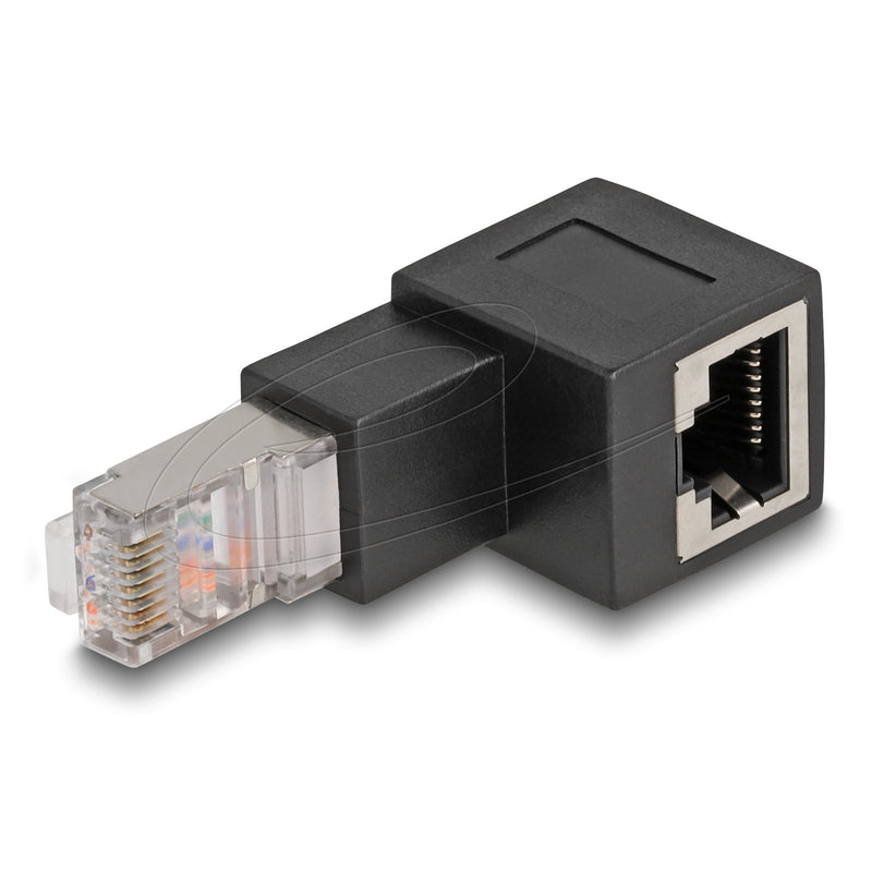 Load image into Gallery viewer, Delock rj45 plug to rj45 jack adapter cat.6a 90° downwards angled (zwart)
