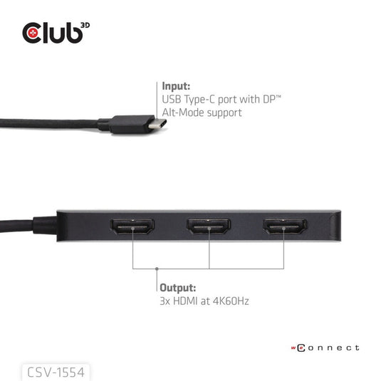 Club 3d usb-c naar triple hdmi mst hub 4k60hz adapter (zwart)