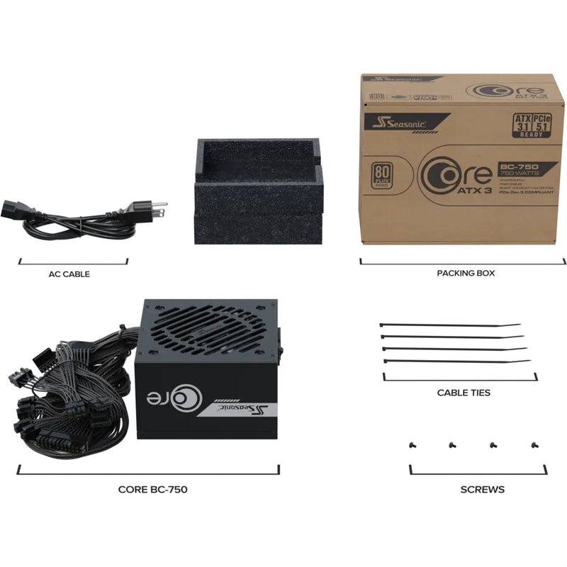 Load image into Gallery viewer, Seasonic core bc-750 atx 3.1 750 watt voeding (zwart, 1x 12v-2x6, 2x pcie)

