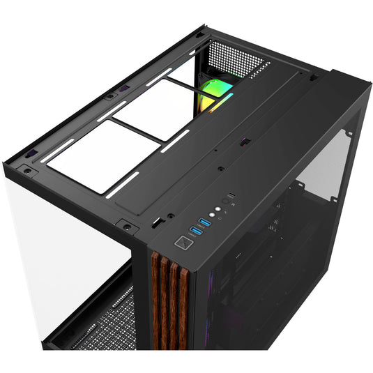 Thermaltake view 380 ws argb midi tower behuizing (zwart houtkleur | 2x usb-a | 1x usb-c | rgb | tempered glass)