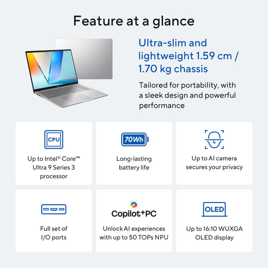 Asus vivobook s16 s3607aa-sh016w 16 copilot+ laptop (zilver | ultra 7 355 | intel arc graphics | 32 gb | 1 tb ssd | oled)
