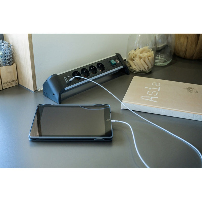 Load image into Gallery viewer, Brennenstuhl alu-office-line stekkerdoos met usb-laadfunctie 4-voudig schakel stekkerdoos
