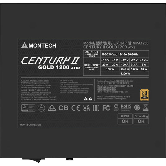 Montech century ii modulaire 1200 watt voeding (zilver, 1x 12v-2x6, 6x pcie)