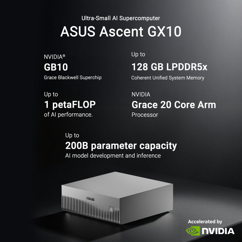 Afbeelding laden in galerijviewer, Asus ascent gx10 arm v9.2-a 128 1 mini-pc (donkergrijs | nvidia gb10 grace blackwell | dgx spark | nvlink-c2c | 128 gb | 1 tb ssd)
