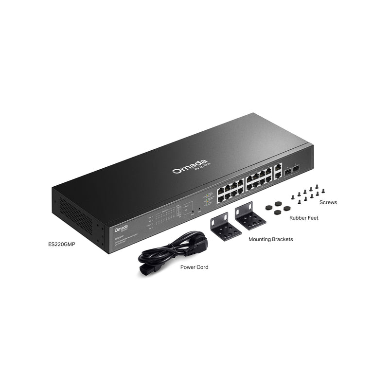 Afbeelding laden in galerijviewer, Tp-link omada es220gmp 20-poort gigabit easy managed switch (zwart, 16x poe+, 2x gigabit sfp)
