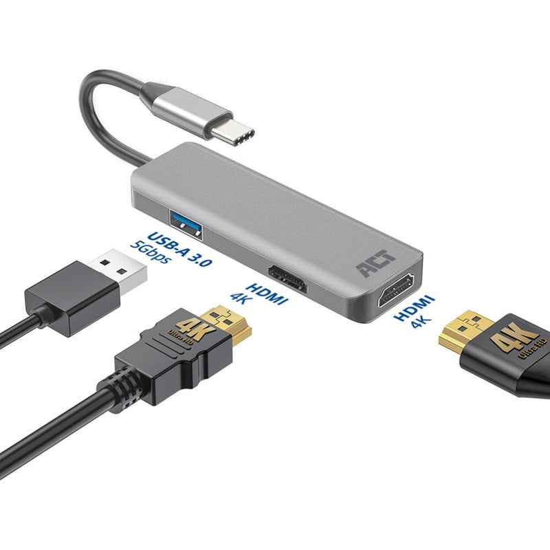 Load image into Gallery viewer, Act connectivity usb-c 4k multiport adapter voor 2 hdmi schermen, usb-a datapoort (aluminium)
