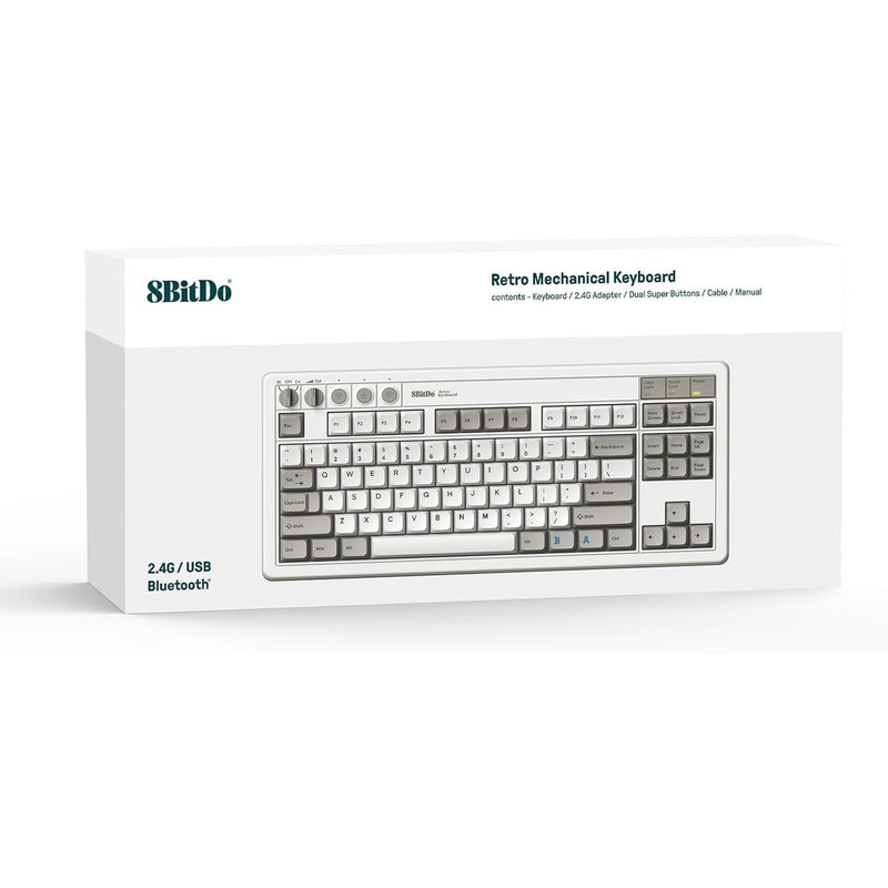Load image into Gallery viewer, 8bitdo retro mechanical keyboard m edition, gaming toetsenbord (grijs donkerrood, us lay-out, kailh box white, tkl, bluetooth low energy, wireless 2.4g, usb)
