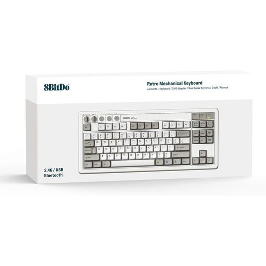 8bitdo retro mechanical keyboard m edition, gaming toetsenbord (grijs donkerrood, us lay-out, kailh box white, tkl, bluetooth low energy, wireless 2.4g, usb)