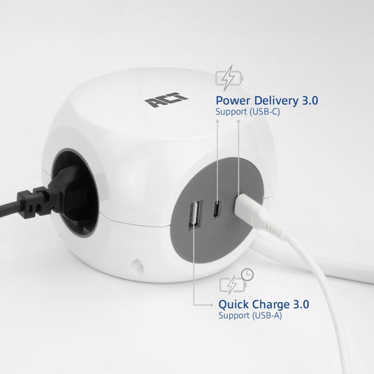 Act connectivity stekkerdoos kubus met 3 stopcontacten, 30w power delivery usb-c a poorten, kabellengte 1,5m stekkerdoos (wit, type f)