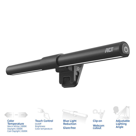 Act connectivity dimbare clip-on laptop led-lichtbalk led-bar (zwart, usb-voeding, 3000k-6500k)