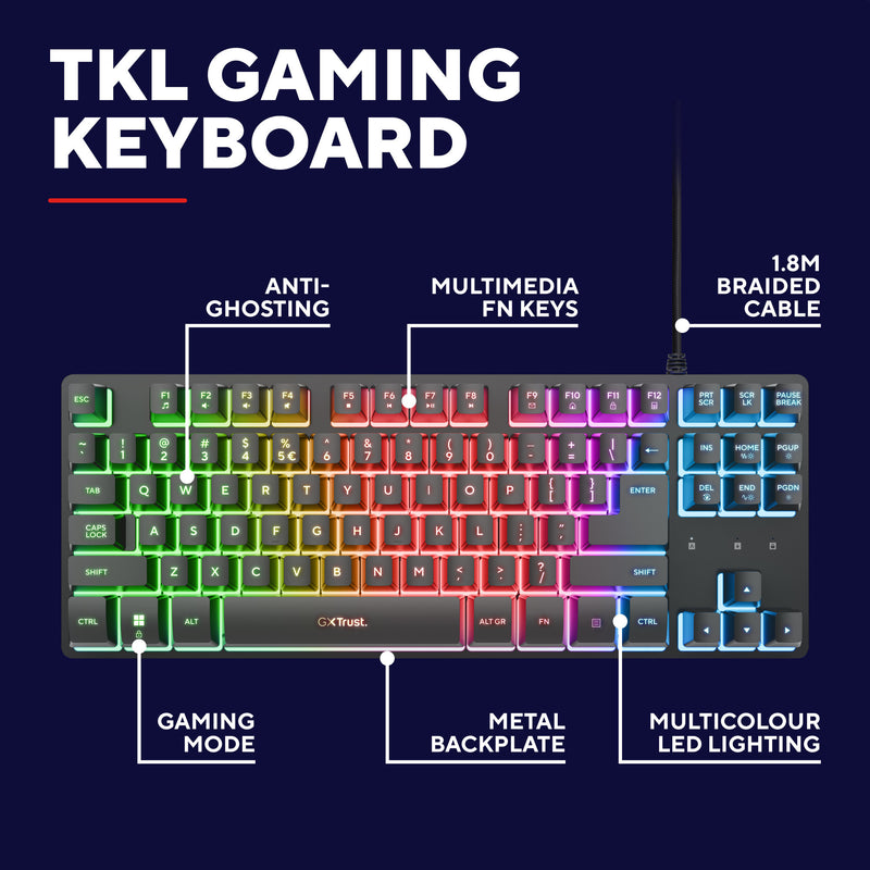 Load image into Gallery viewer, Trust gxt 833 thado toetsenbord met tkl-verlichting (zwart, us lay-out (qwerty), 80% (tkl), rgb)
