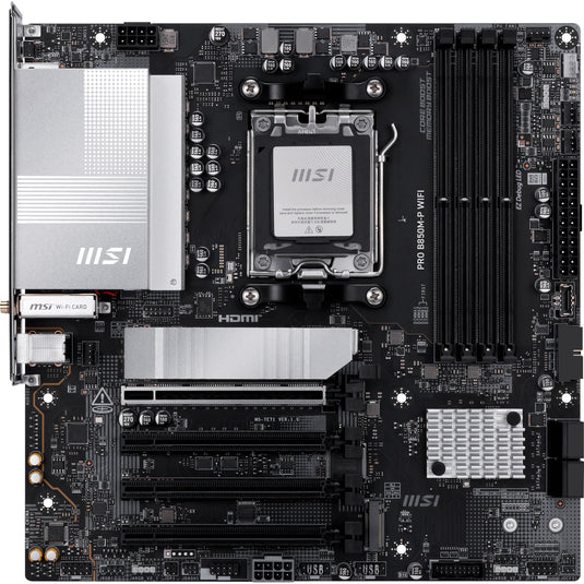 Msi pro b850m-p wifi socket am5 moederbord (zwart zilver, raid, 5gb-lan, wi-fi 7, bt, sound, µatx)