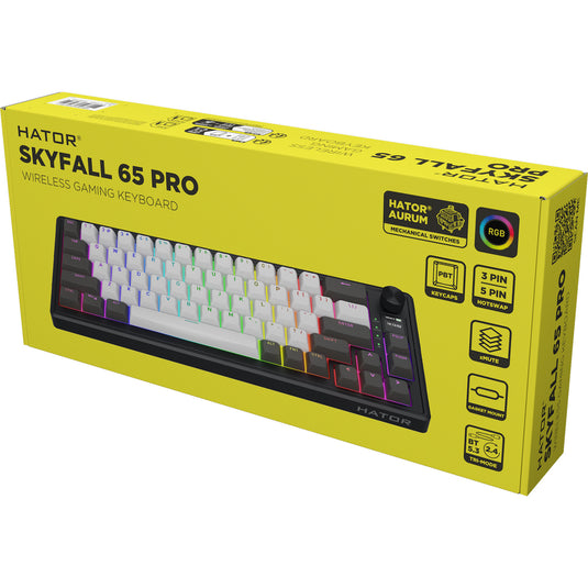 Hator skyfall pro wireless rgb mechanisch gaming toetsenbord (zwart, us lay-out (qwerty), hator aurum vanilla silent, 65%, rgb, double-shot pbt, hot-swap, 2.4ghz | bluetooth | usb-c)