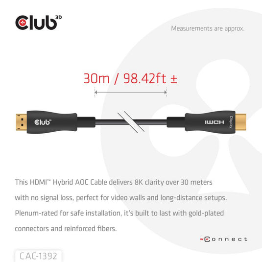Club 3d hdmi hybride aoc kabel 8k60hz 4k120hz 30m (zwart)