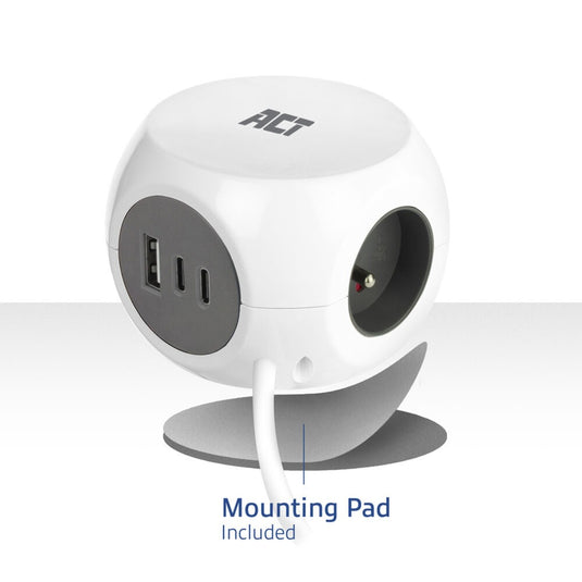 Act connectivity stekkerdoos kubus met 3 stopcontacten, 30w power delivery usb-c a poorten, kabellengte 1,5m stekkerdoos (wit, type e)