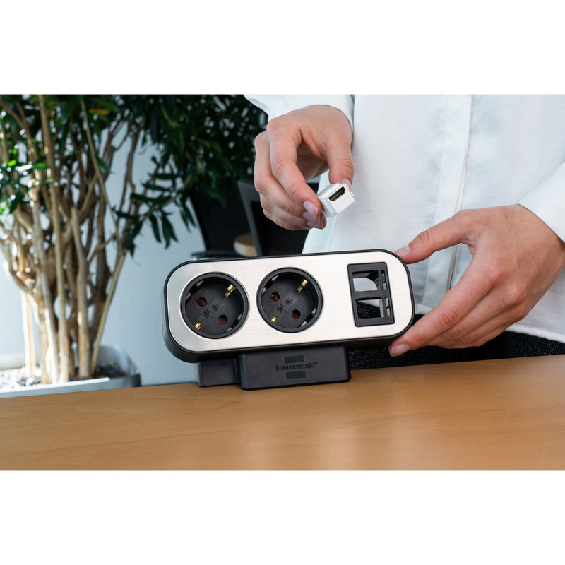 Load image into Gallery viewer, Brennenstuhl estilo duplex stekkerdoos met schakelaar stekkerdoos (zwart zilver, 2x sleuf voor keystone modules)
