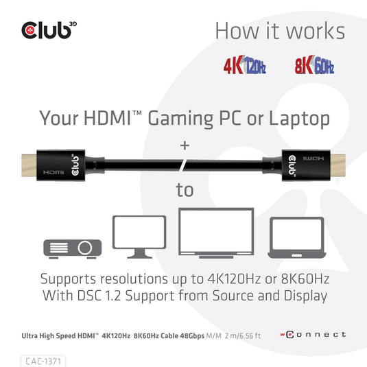 Club 3d gecertificeerde ultra high speed hdmi 2.1 kabel (zwart, 1 meter, 8k)