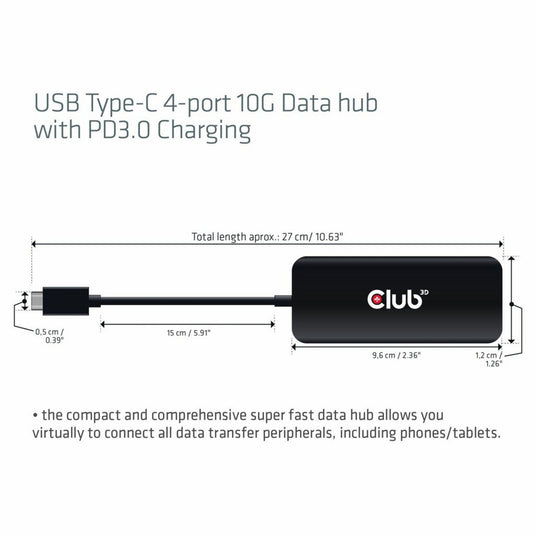 Club 3d usb-c 4-poorts 10g-datahub met pd3.0 usb-hub (zwart)