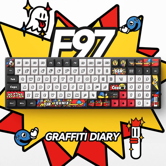 Iqunix f97 graffiti diary wireless mechanical keyboard (zwart, us lay-out (qwerty), cherry mx brown, 96%, rgb leds, hot-swappable, pbt, 2.4ghz | bluetooth 5.1 | usb-c)