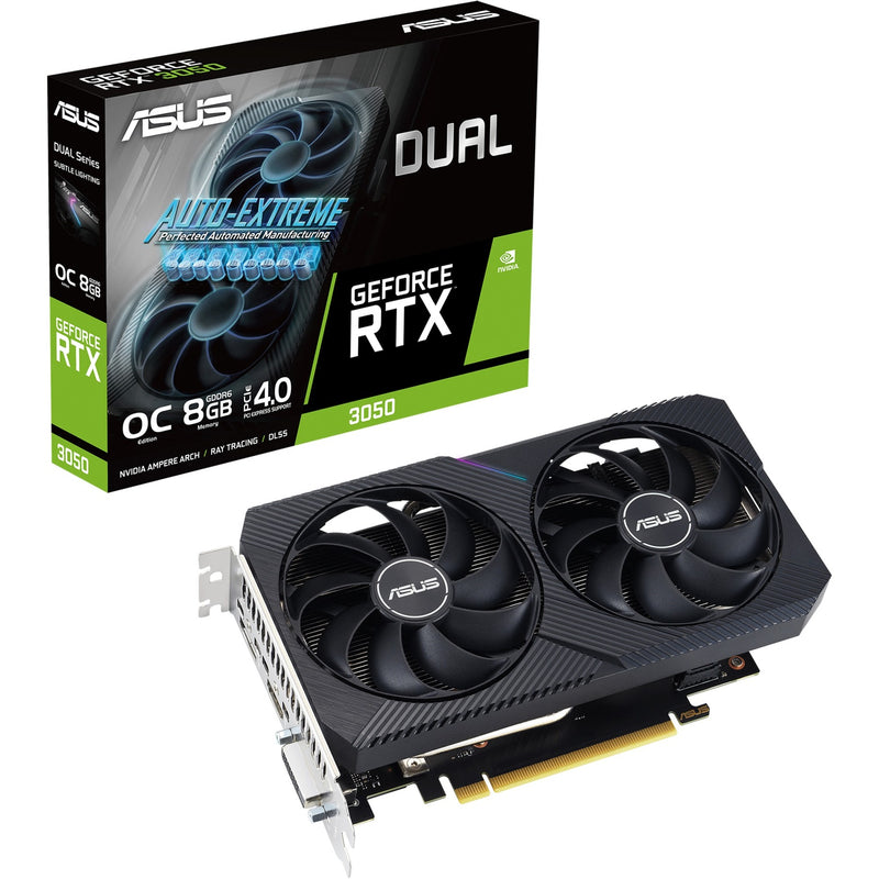 Afbeelding laden in galerijviewer, Asus geforce rtx 3050 dual v2 8gb gddr6 grafische kaart (lite hash rate, 1x displayport, 1x hdmi 2.1, dvi-d)

