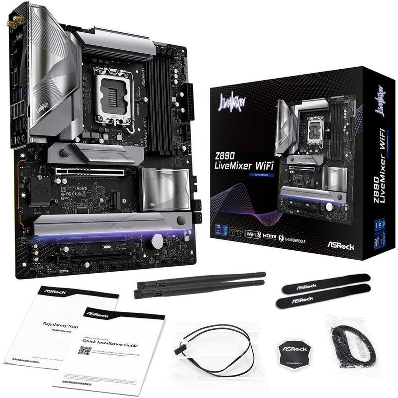 Load image into Gallery viewer, Asrock z890 livemixer wifi socket 1851 moederbord (zwart, raid, 2.5 gb-lan, wi-fi 7, bt, sound, atx)
