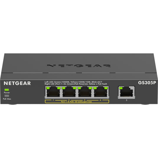 Netgear 5-port poe+ gigabit ethernet soho unmanaged switch (gs305p) (zwart)