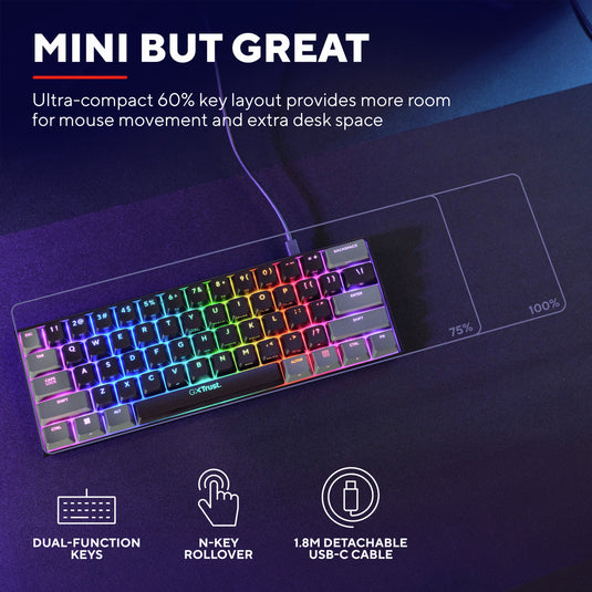 Trust gxt 867 acira 60% mini mechanisch gaming-toetsenbord, gaming toetsenbord (zwart, us lay-out, outemu red, 60%, rgb)