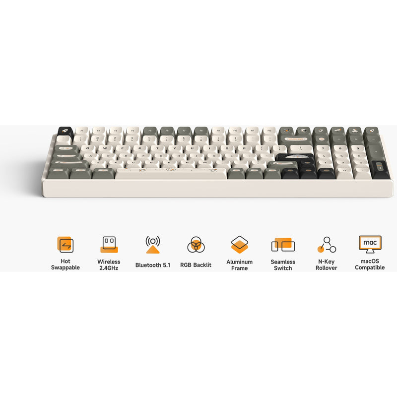 Load image into Gallery viewer, Iqunix f97 hitchhiker wireless mechanical keyboard, gaming toetsenbord (grijs wit, us lay-out, cherry mx brown, rgb leds, 96%, hot-swappable, pbt, 2.4ghz | bluetooth 5.1 | usb-c)
