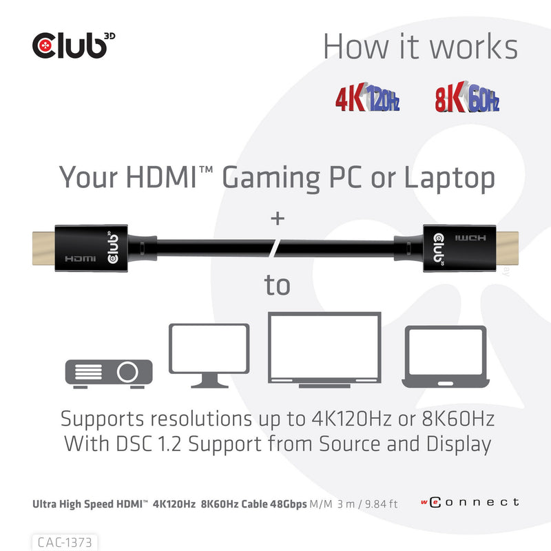 Load image into Gallery viewer, Club 3d ultra high speed hdmi 2.1 gecertificeerde kabel male-male (zwart, 3 meter, 4k 120hz, 8k 60hz, 48gbps)
