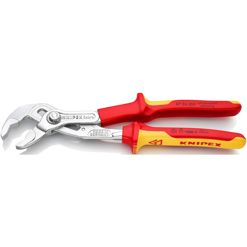Load image into Gallery viewer, Knipex cobra vde hightech-waterpomptang 87 26 250 zweedse- waterpomp-tang (rood geel, getande grijpvlakken, doorgestoken scharnier )
