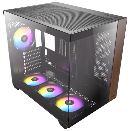 Antec cx800 wood argb midi tower behuizing (zwart houtkleur | 1x usb-a | 1x usb-c | tempered glass)